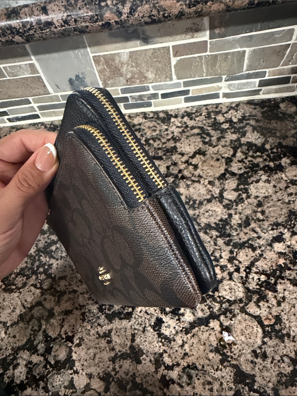 Coach Brown/Black Signature double zipWristlet with Gold Hardware - Picture 4 of 7